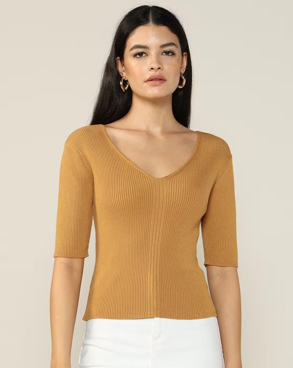 Women Ribbed Regular Fit V-Neck T-Shirt