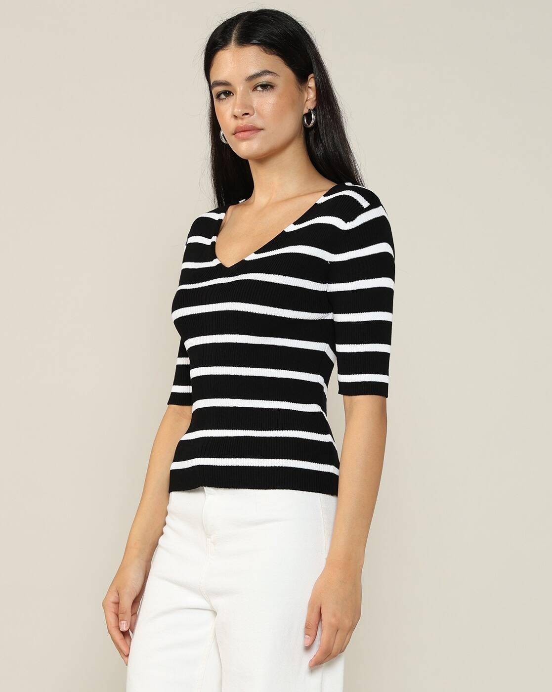 Women Striped Regular Fit V-Neck T-Shirt
