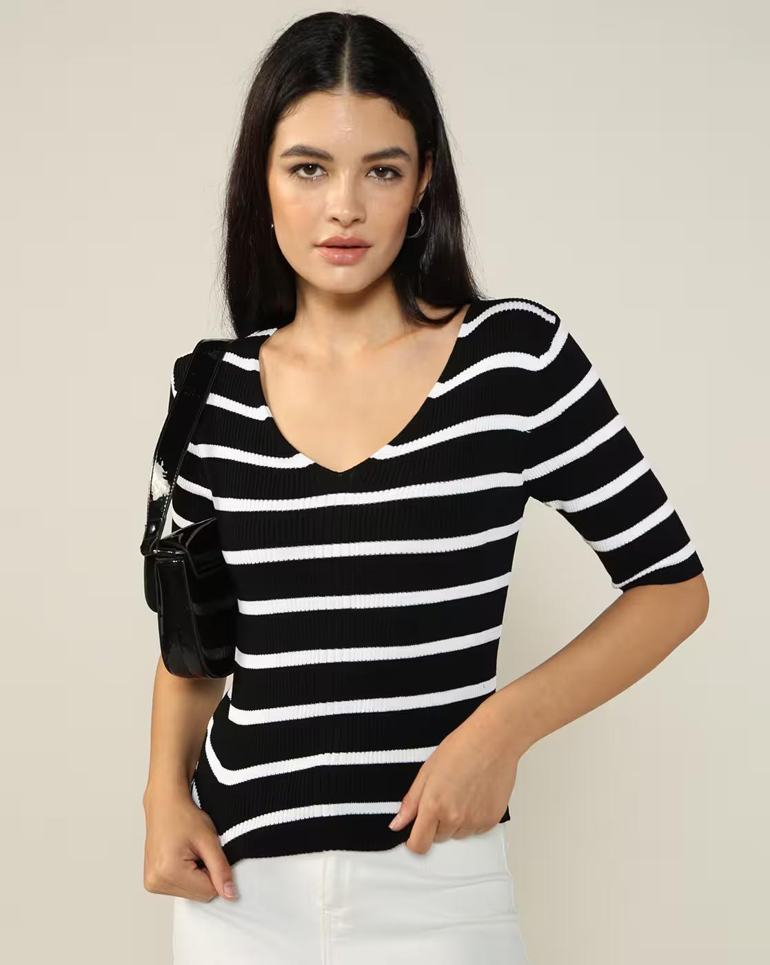 Women Striped Regular Fit V-Neck T-Shirt