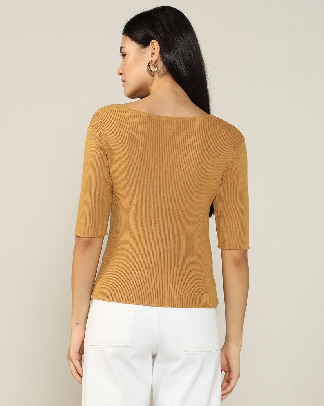 Women Ribbed Regular Fit V-Neck T-Shirt