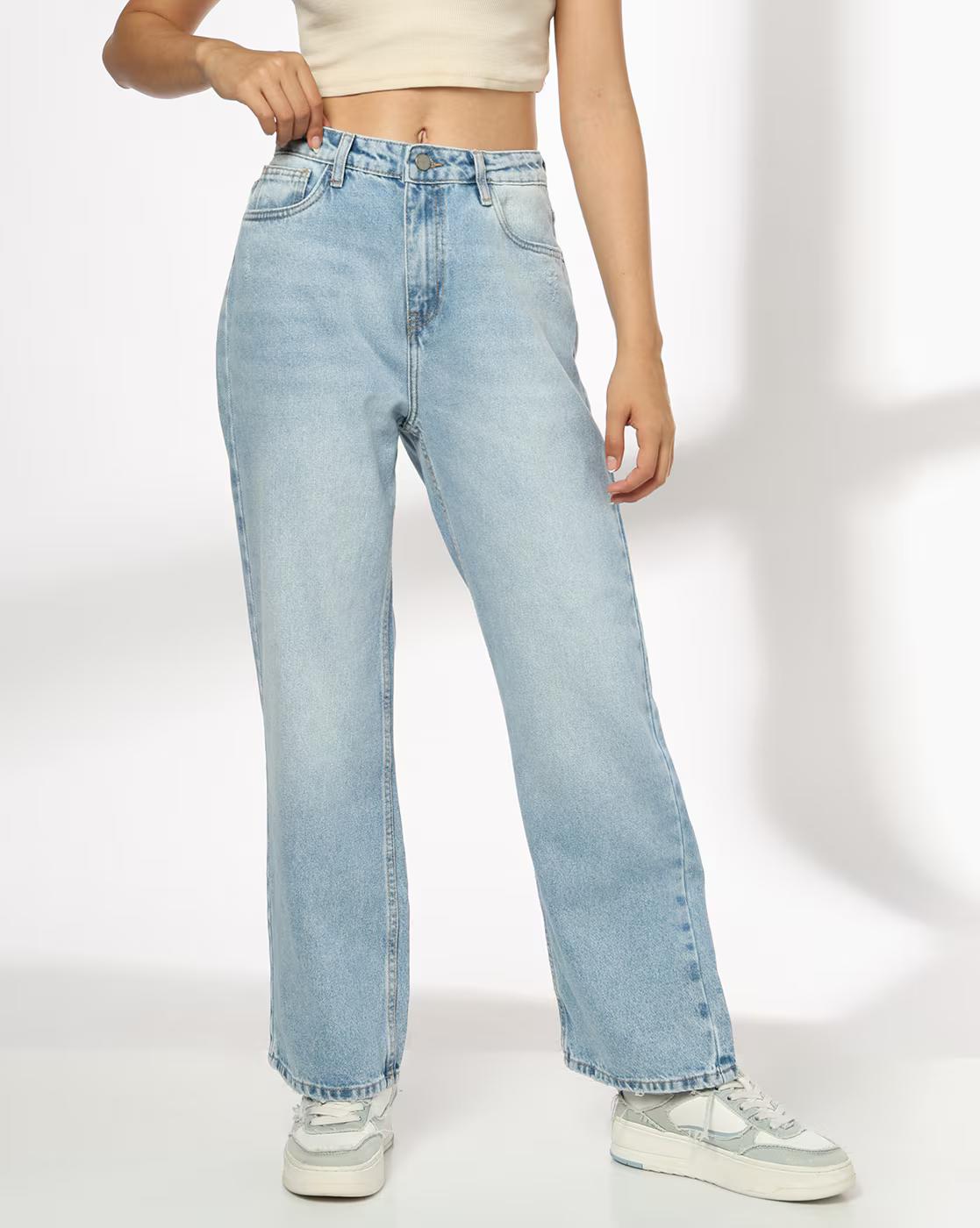 Women Heavily Washed High-Rise Straight Jeans