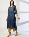 EMB YOKE HI LOW FESTIVE KURTA, BLUE