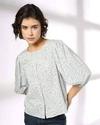 Printed Top with Volume Sleeves, BLUE, L