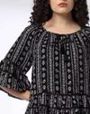 Printed Tiered Top with Tie Up, BLACK