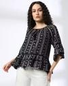 Printed Tiered Top with Tie Up, BLACK
