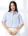 Seersucker Button Down Crop Sh, BLUE, XL