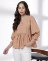 Y Notch Embroidered Peplum Top, BROWN