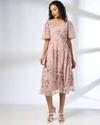 V NECK FLUTTER SLEEVE AOP DRES, PINK, XL