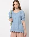ROUND NECK TOP WITH SHIFFLI SLE, BLUE