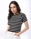 SS Stripe Flat Knit Crop Top, BLACK, L