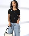 All Over Rose Embroidery Tee, BLACK, M