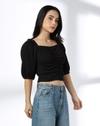 TEXTURED RUCHING TOP, BLACK, L