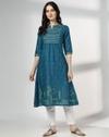 Printed kurta, TEAL, XS