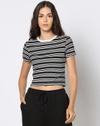 Women Striped Fitted Crew-Neck Crop T-Shirt