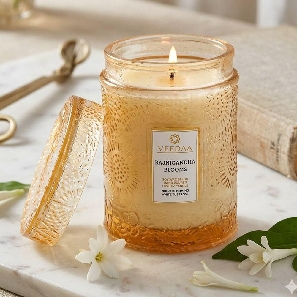 Veedaa | Veedaa Rajnigandha Blooms Mandala Glass Luxury Scented Candle
