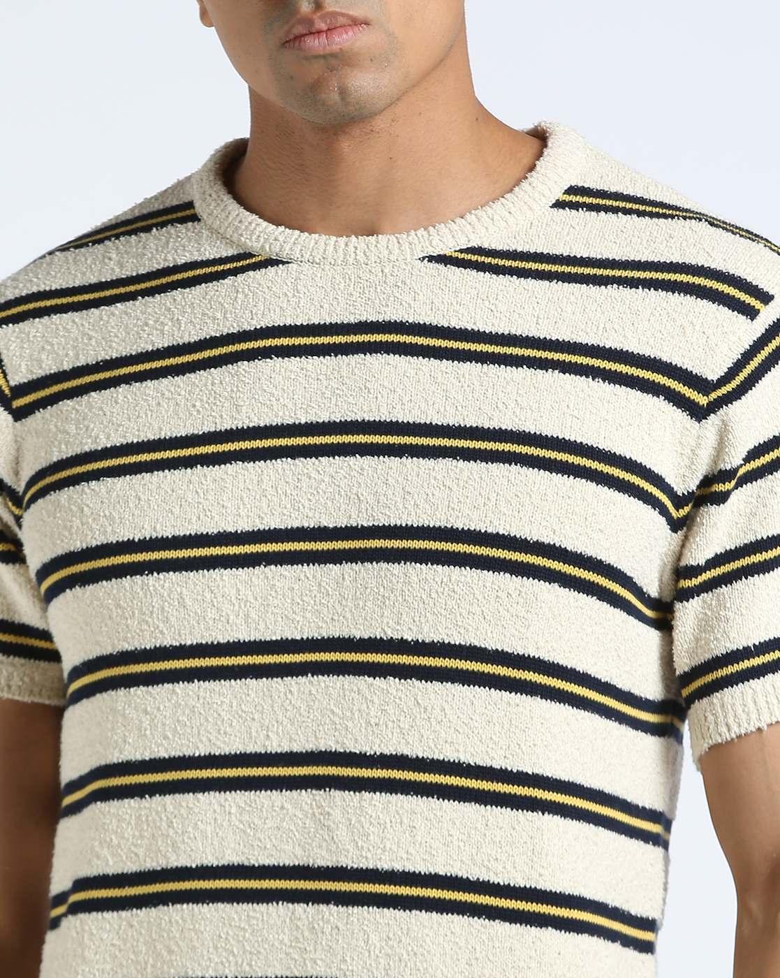 TEXTURED YARN STRIPER CREW, OFF WHITE, M