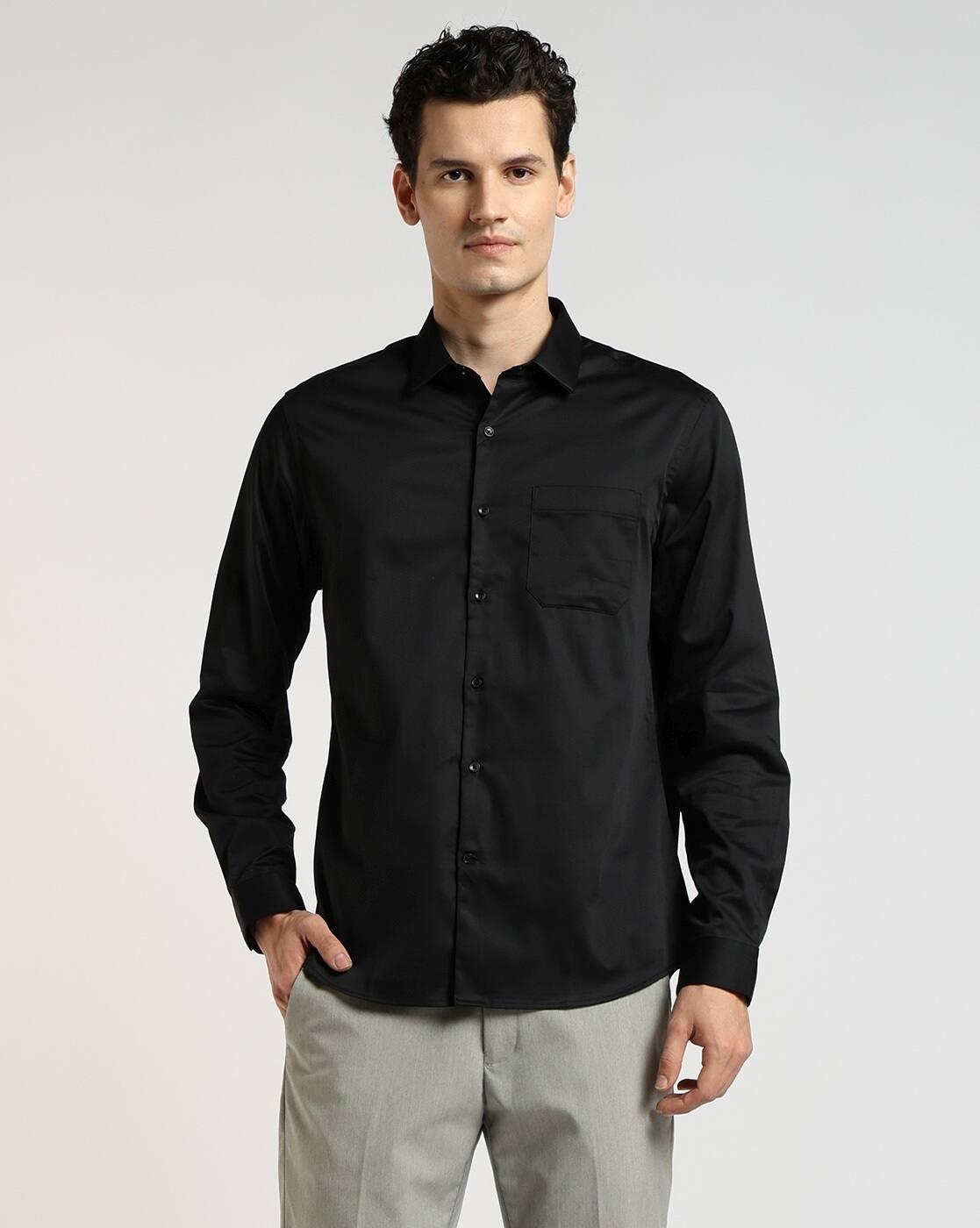 SATIN STRETCH SHIRT WITH, JET BLACK, 46