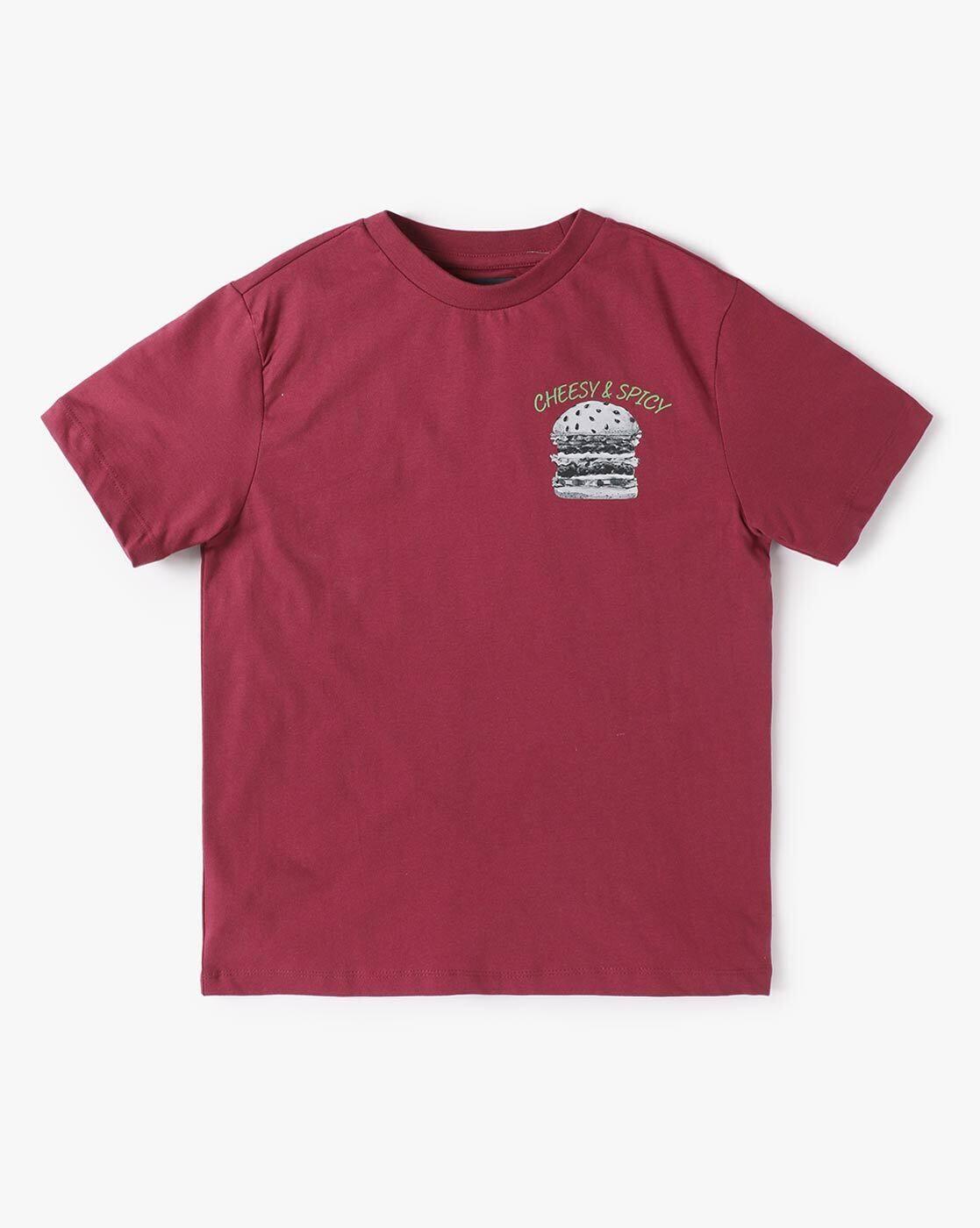 BURGER PRINT T SHIRT, Burgandy, 15-16Y