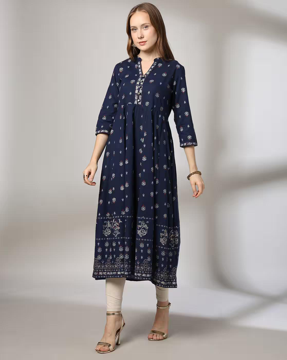 ROUND NECK KALIDAAR KURTA, NAVY