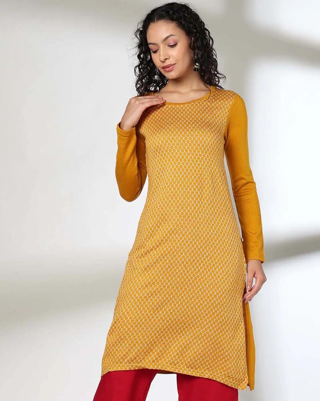 STRAIGHT KURTA WITH JACQAU, MUSTARD, XXL