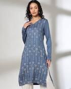STRAIGHT KURTA WITH PRINT  DET, BLUE, XS