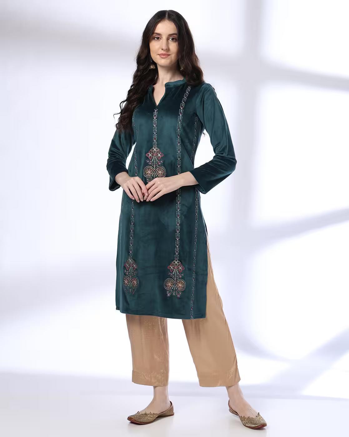 VELVET STRAIGHT KURTA WITH EM, TEAL