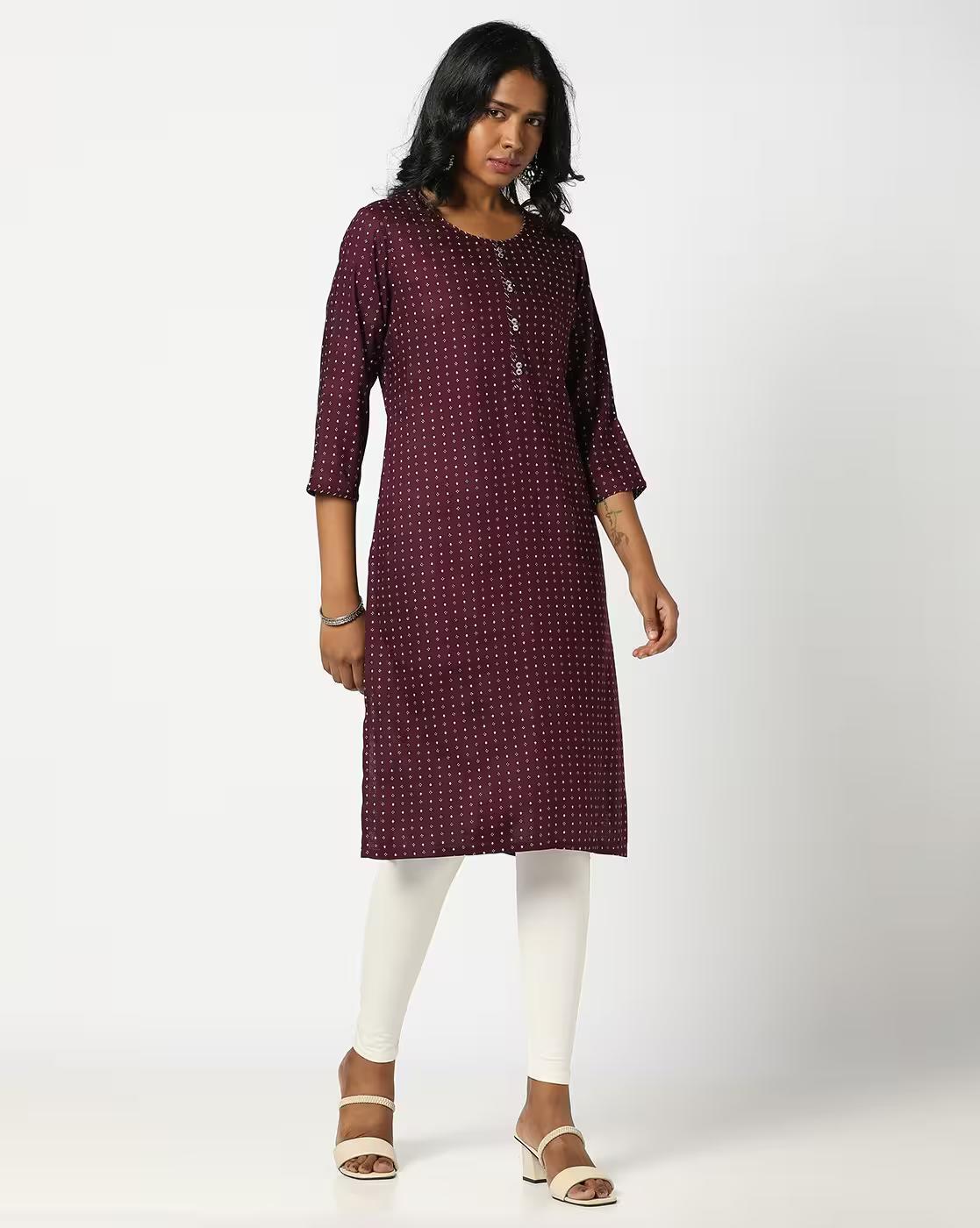 Small Print AOP Kurta set, WINE, XL