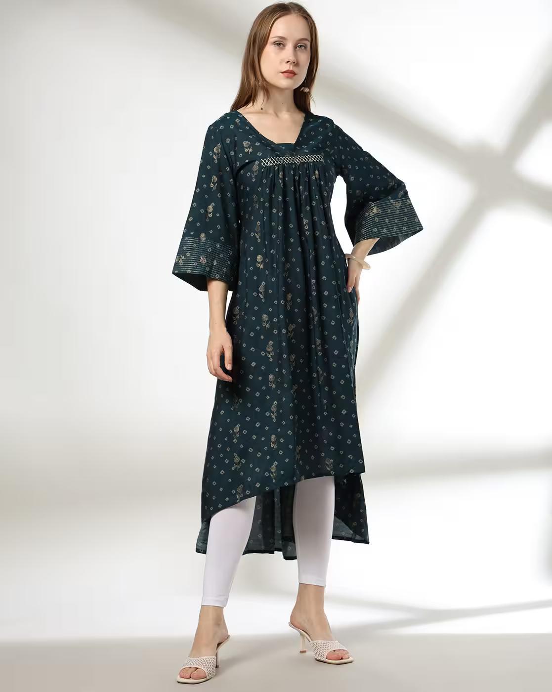 ASYMMETRICAL HEM FESTIVE KURTA, TEAL, XL