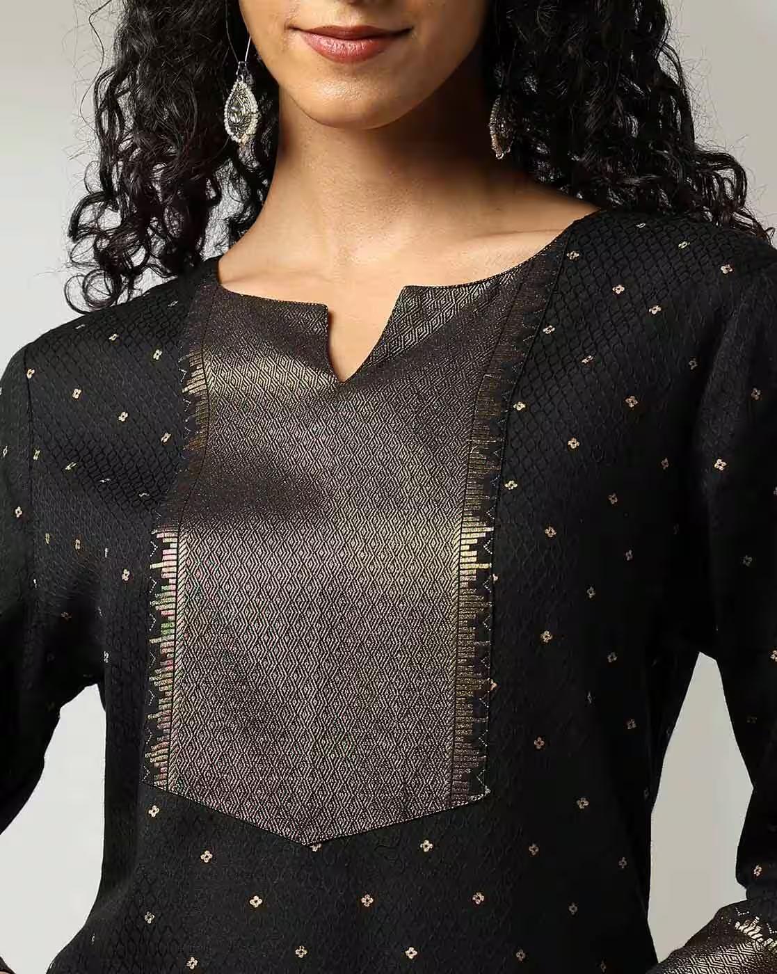 Gold AOP kurta with Emb, BLACK, XXL