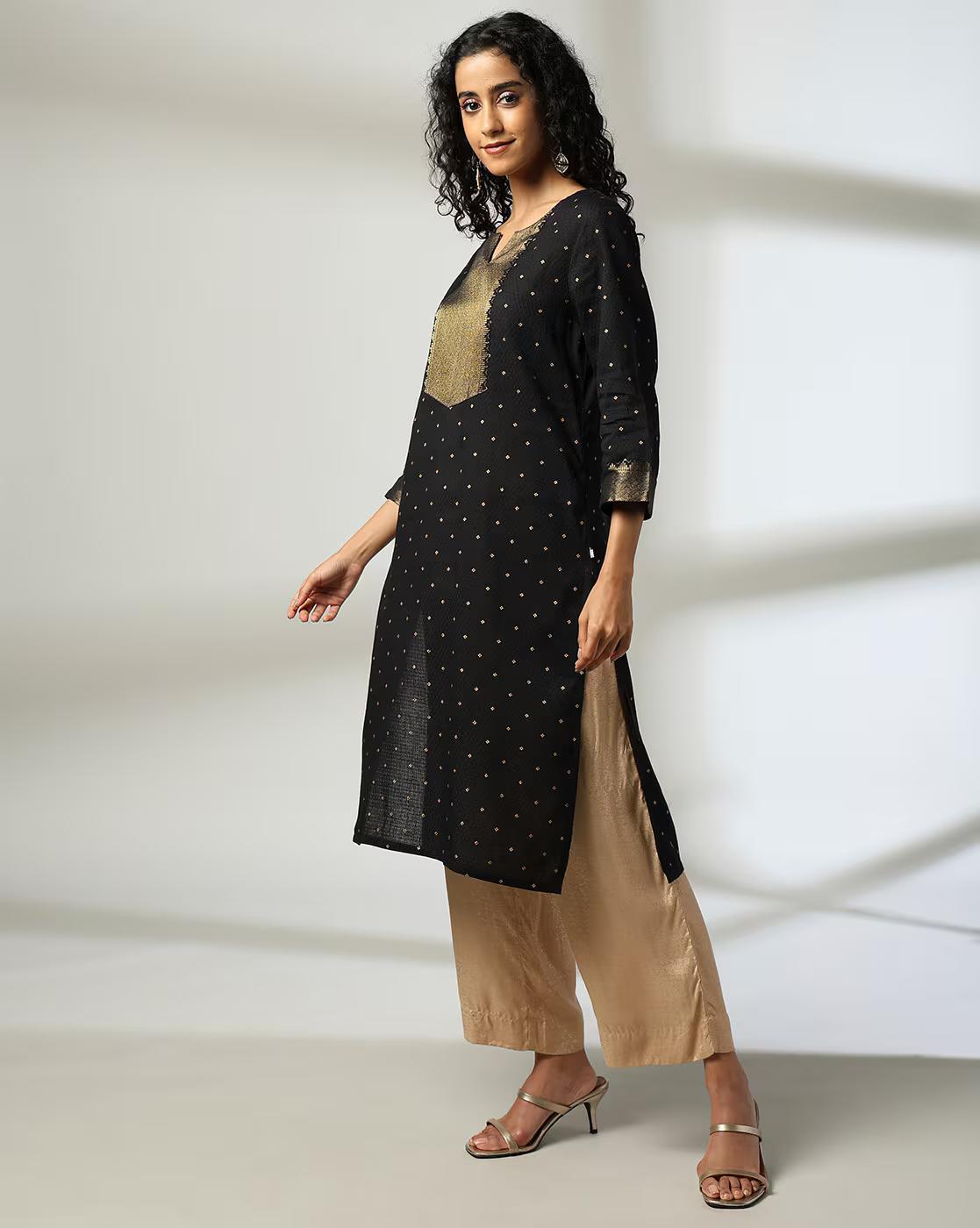 Gold AOP kurta with Emb, BLACK, XXL