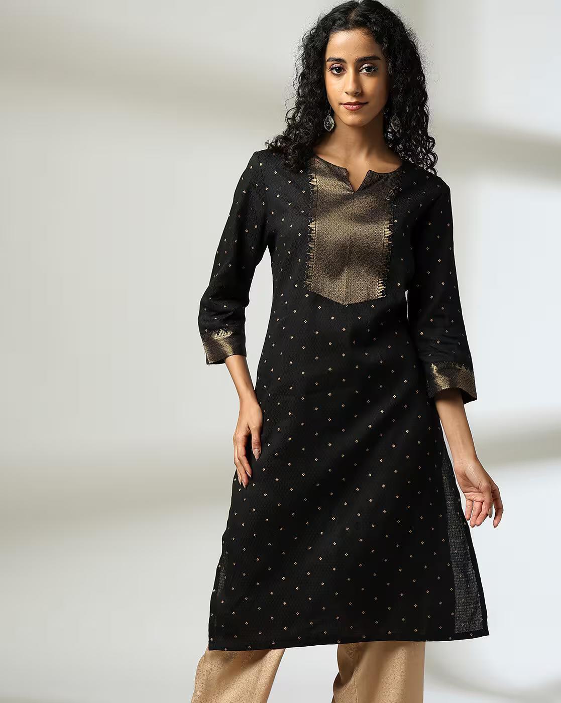 Gold AOP kurta with Emb, BLACK, XXL