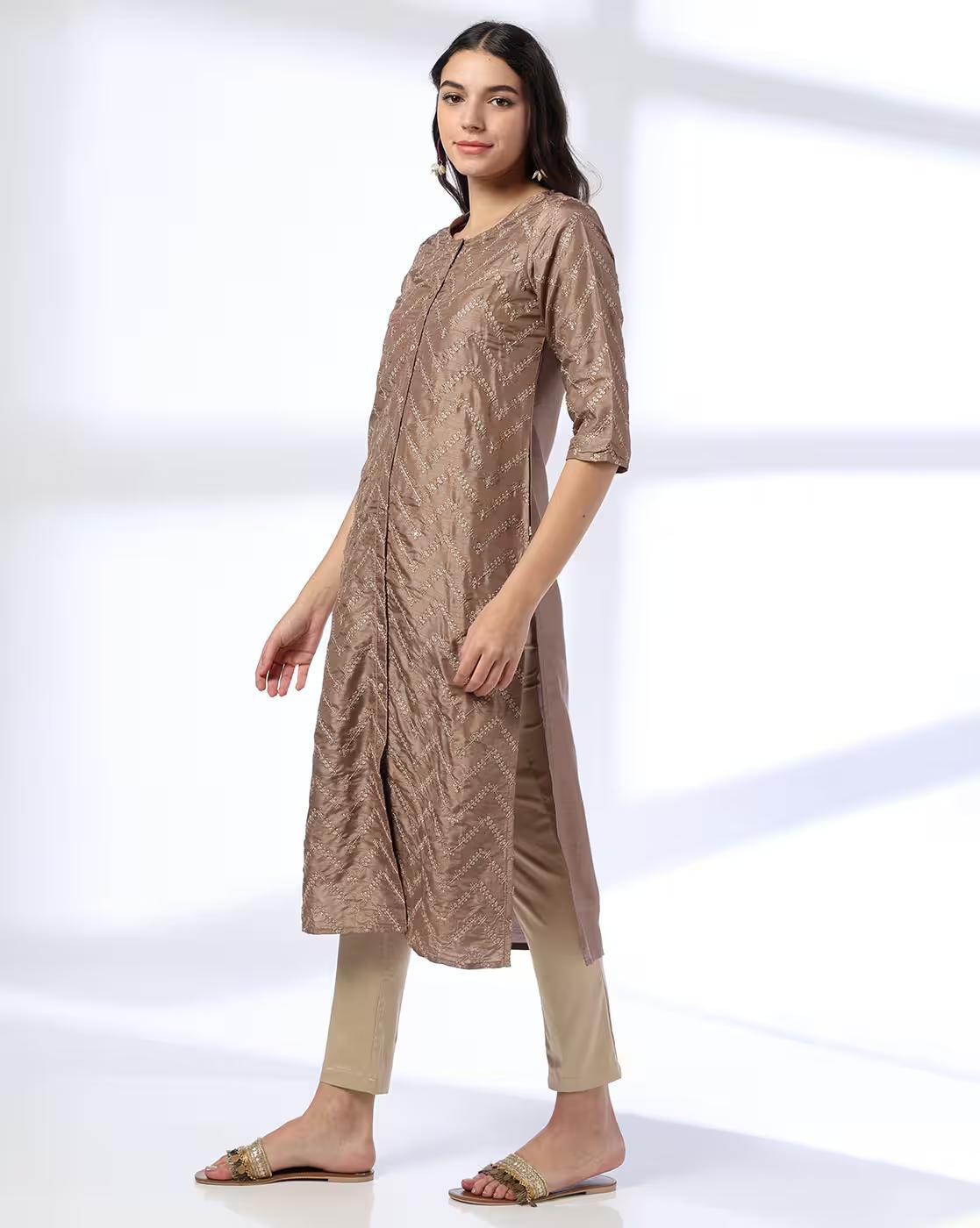 EMBROIDERED FESTIVE KURTA, BROWN, XS