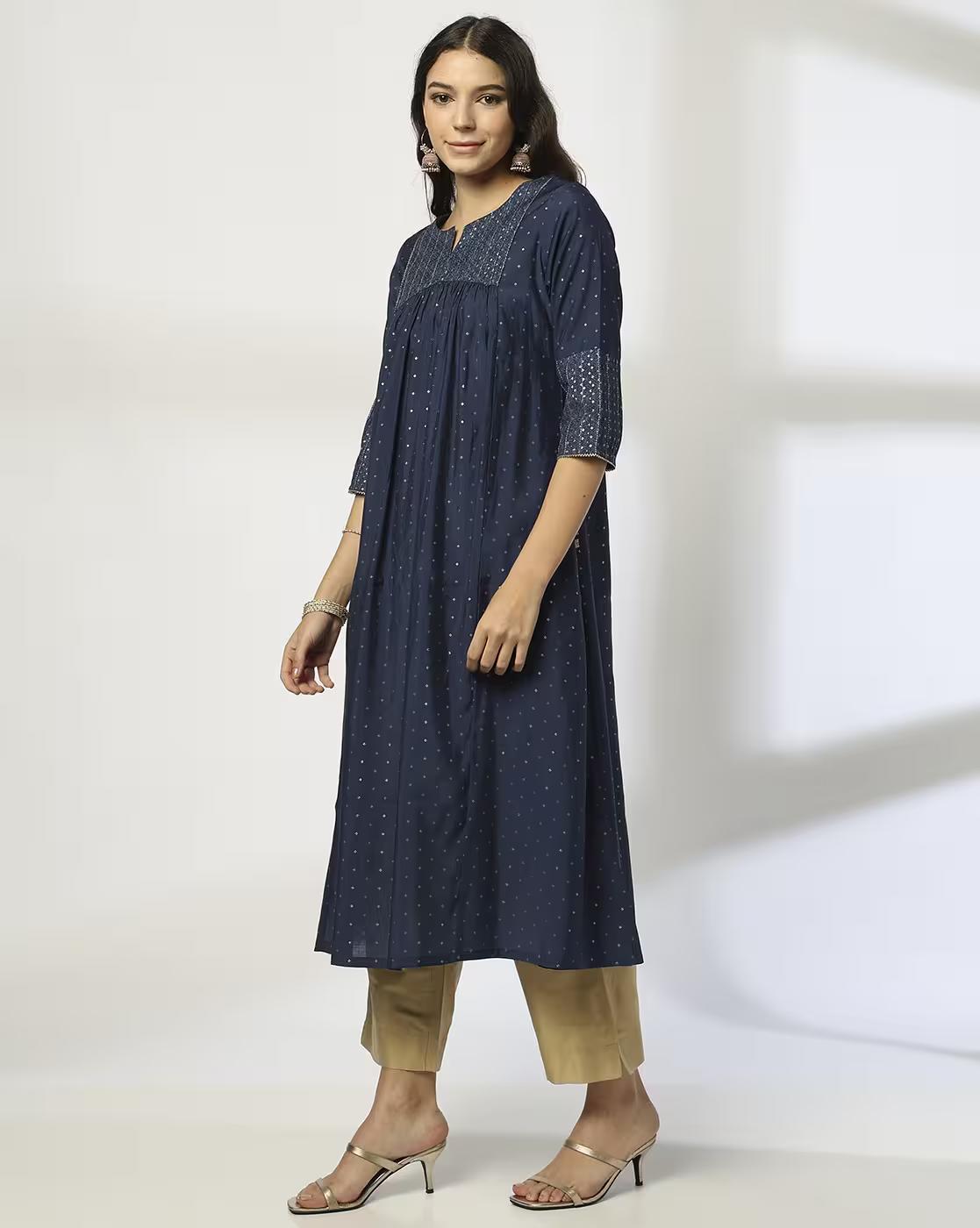 SHORT YOKE A LINE KURTA, NAVY