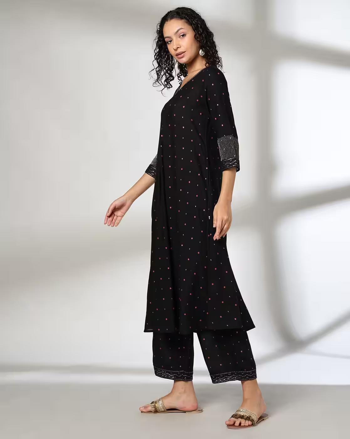 PRINTED FLARED KURTA WITH, JET BLACK, S