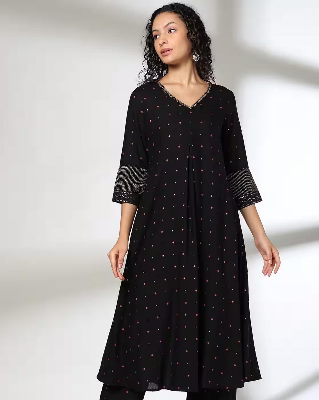 PRINTED FLARED KURTA WITH, JET BLACK, S