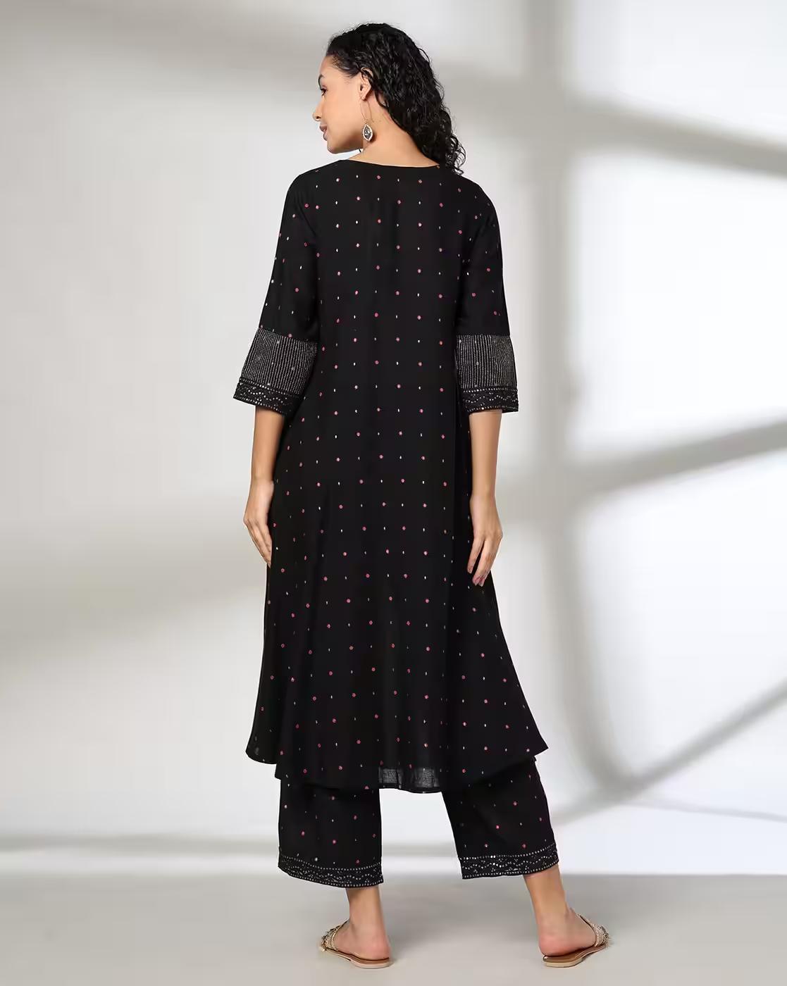 PRINTED FLARED KURTA WITH, JET BLACK, S