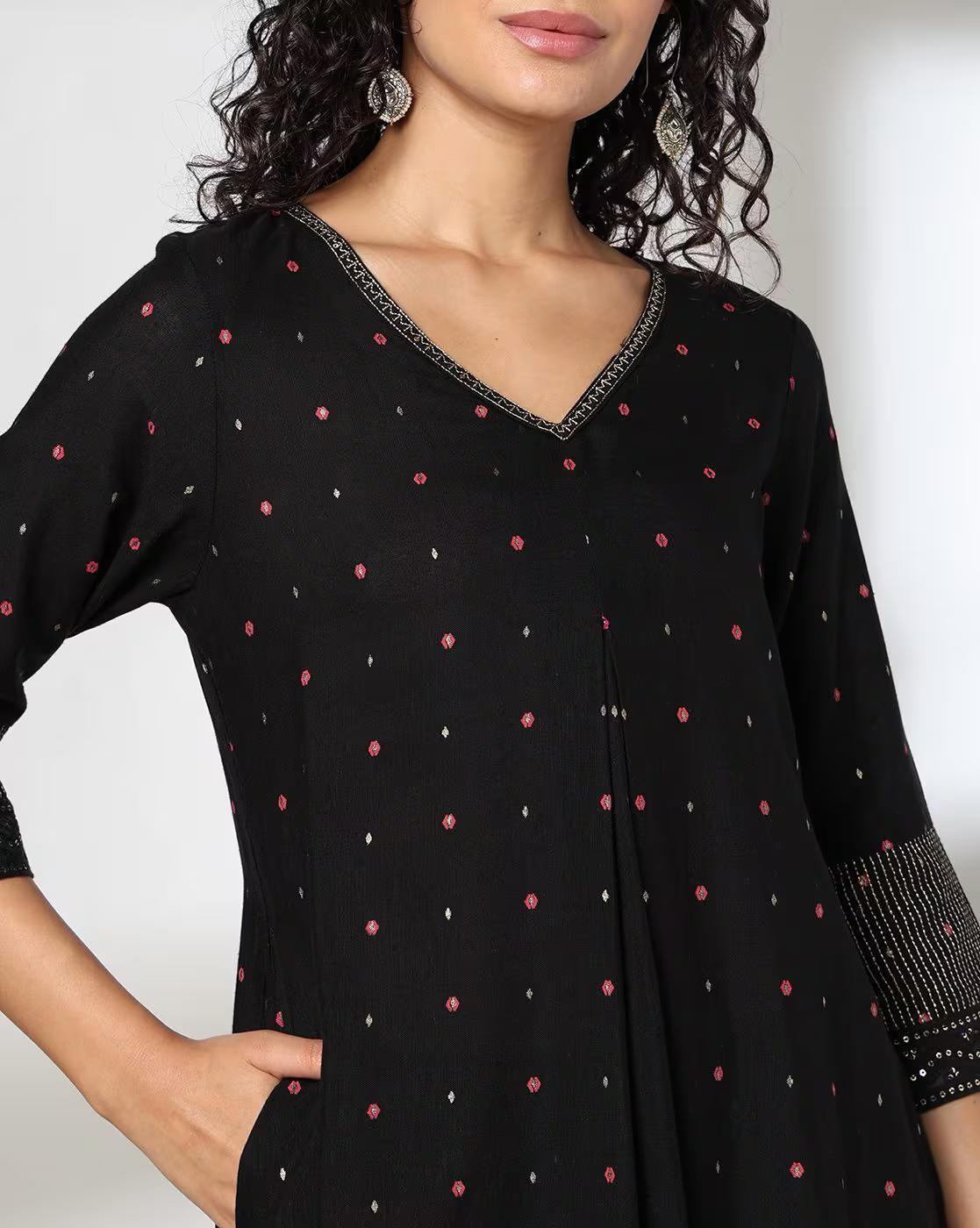 PRINTED FLARED KURTA WITH, JET BLACK, S