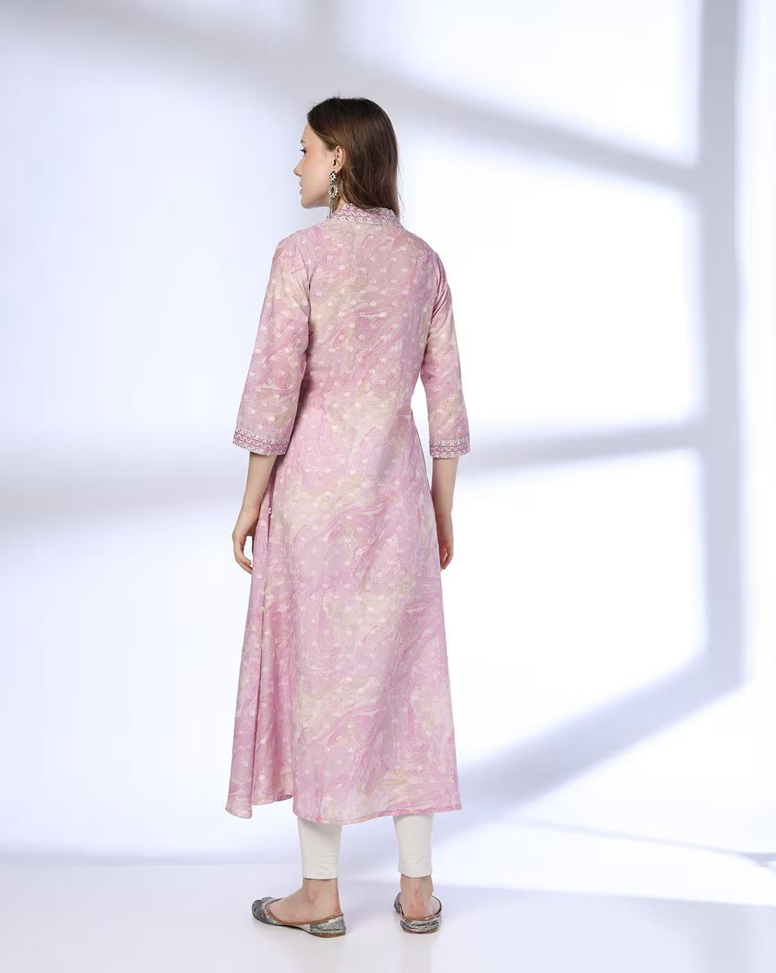 SHAWL COLLAR PRINTED KURTA, PINK, S