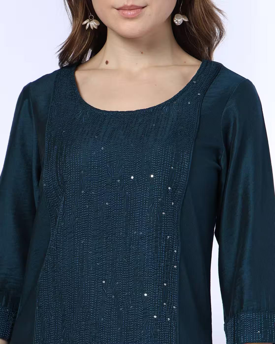 ROUND NECK KURTA WITH EMBROIDER, TEAL, S