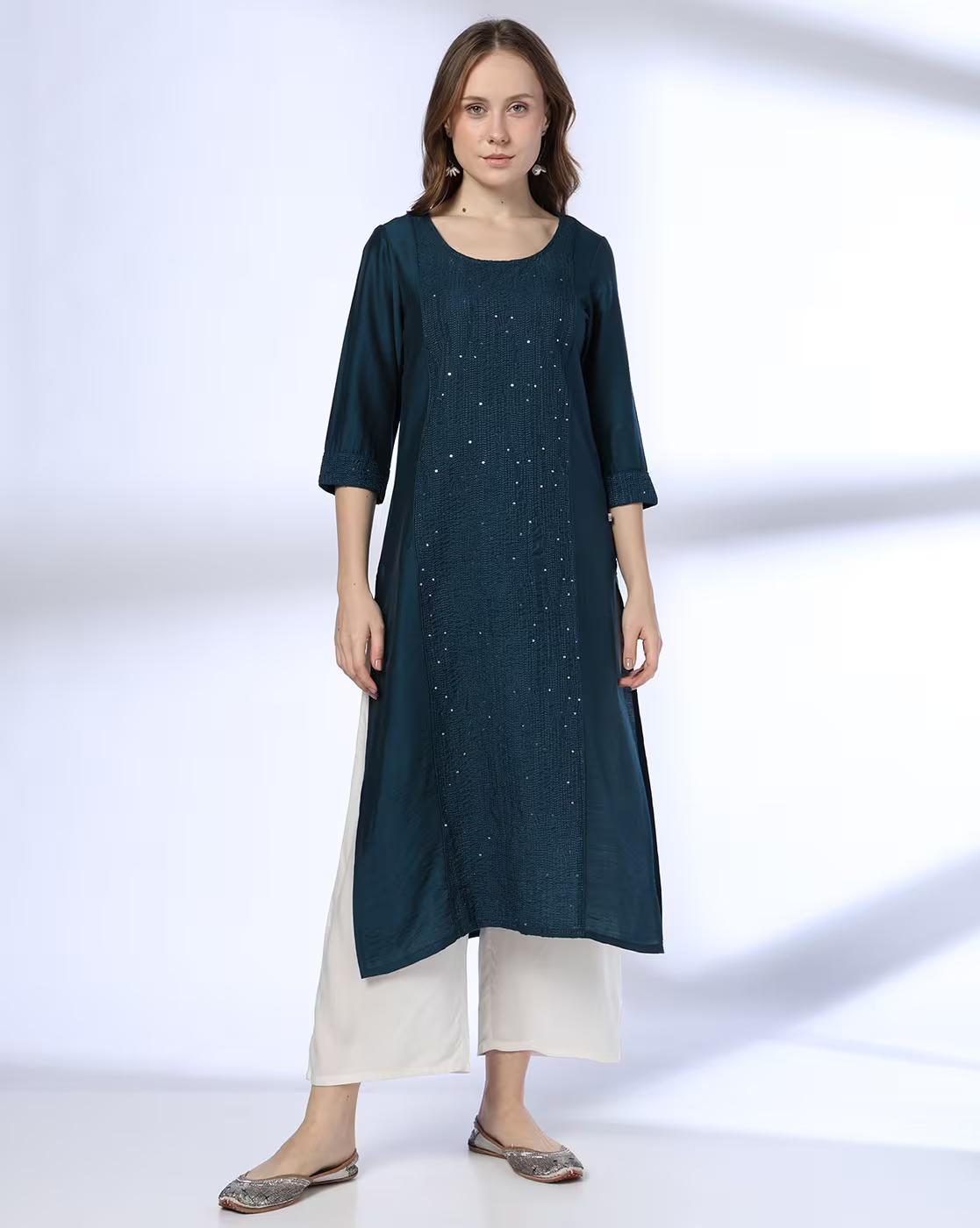 ROUND NECK KURTA WITH EMBROIDER, TEAL, S
