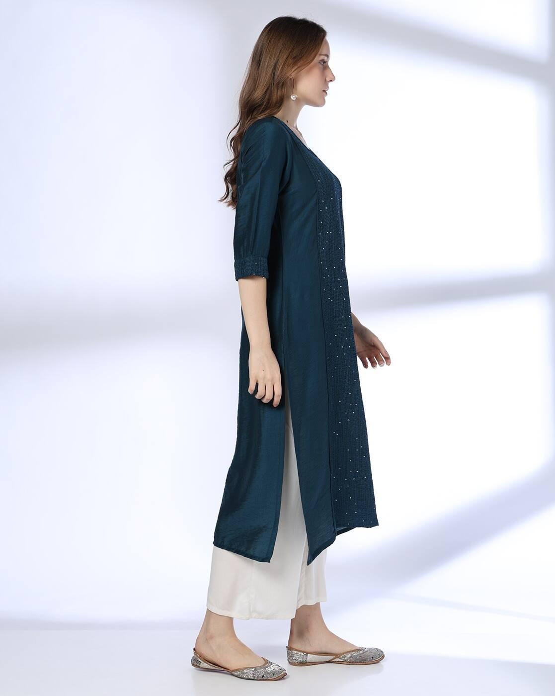 ROUND NECK KURTA WITH EMBROIDER, TEAL, S