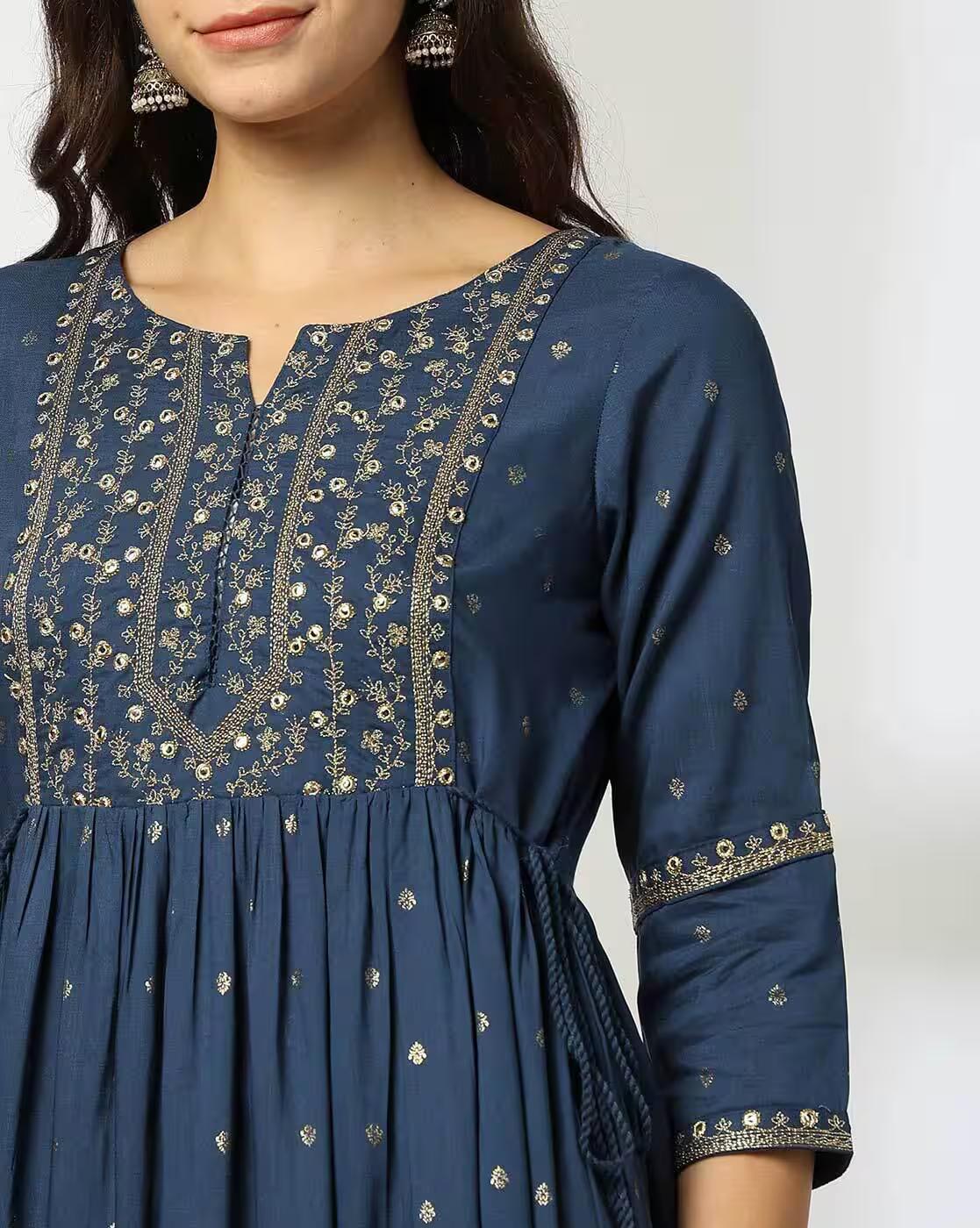 EMB YOKE HI LOW FESTIVE KURTA, BLUE
