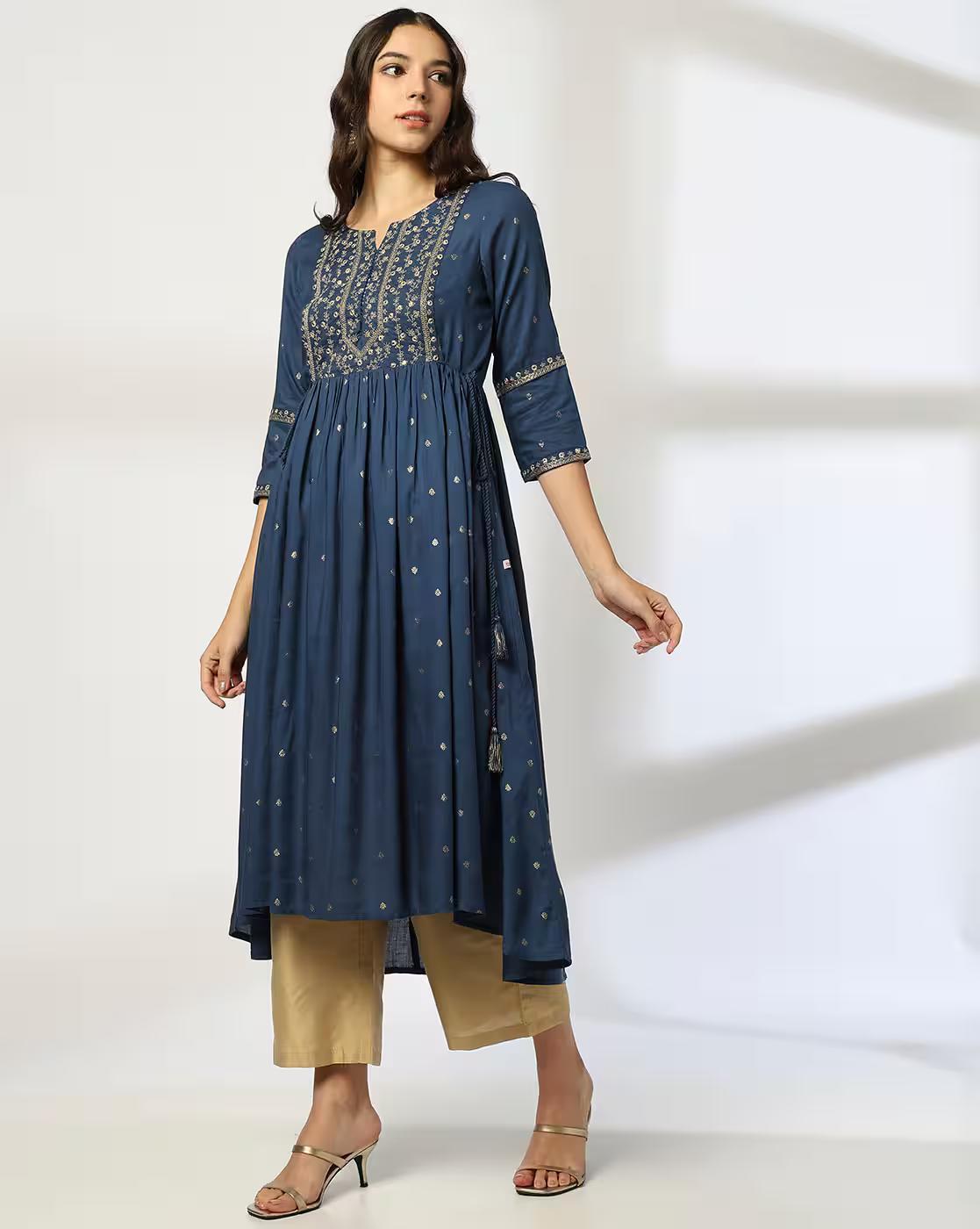 EMB YOKE HI LOW FESTIVE KURTA, BLUE
