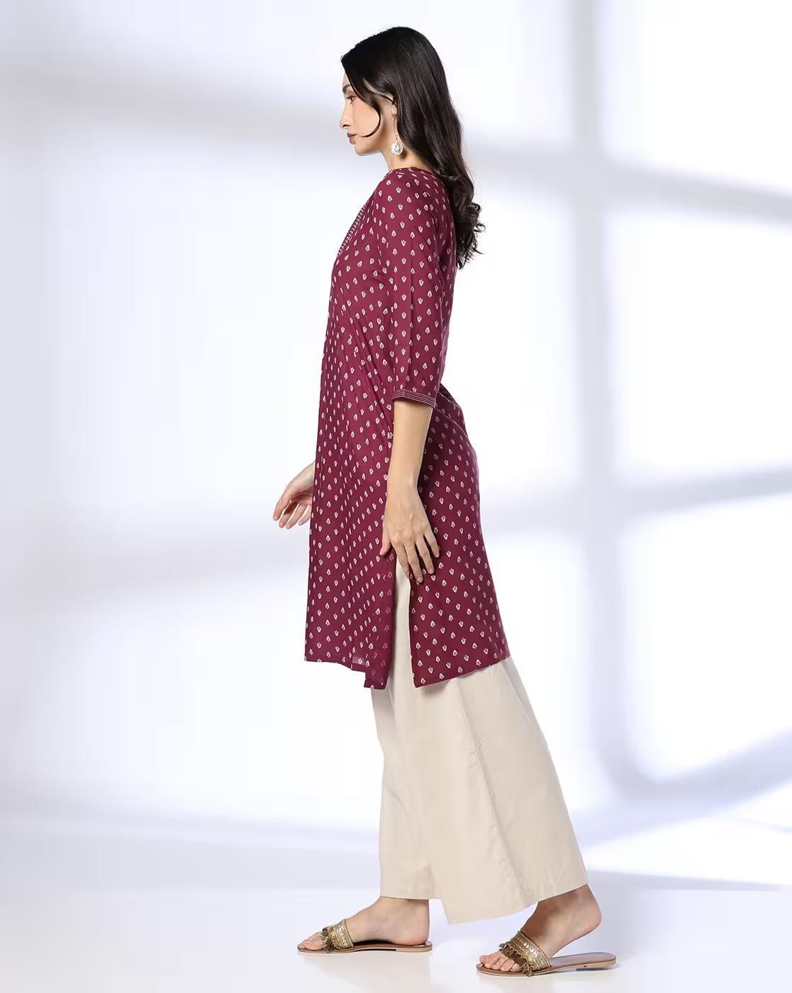 V NECK GATHER KURTA, WINE, XL