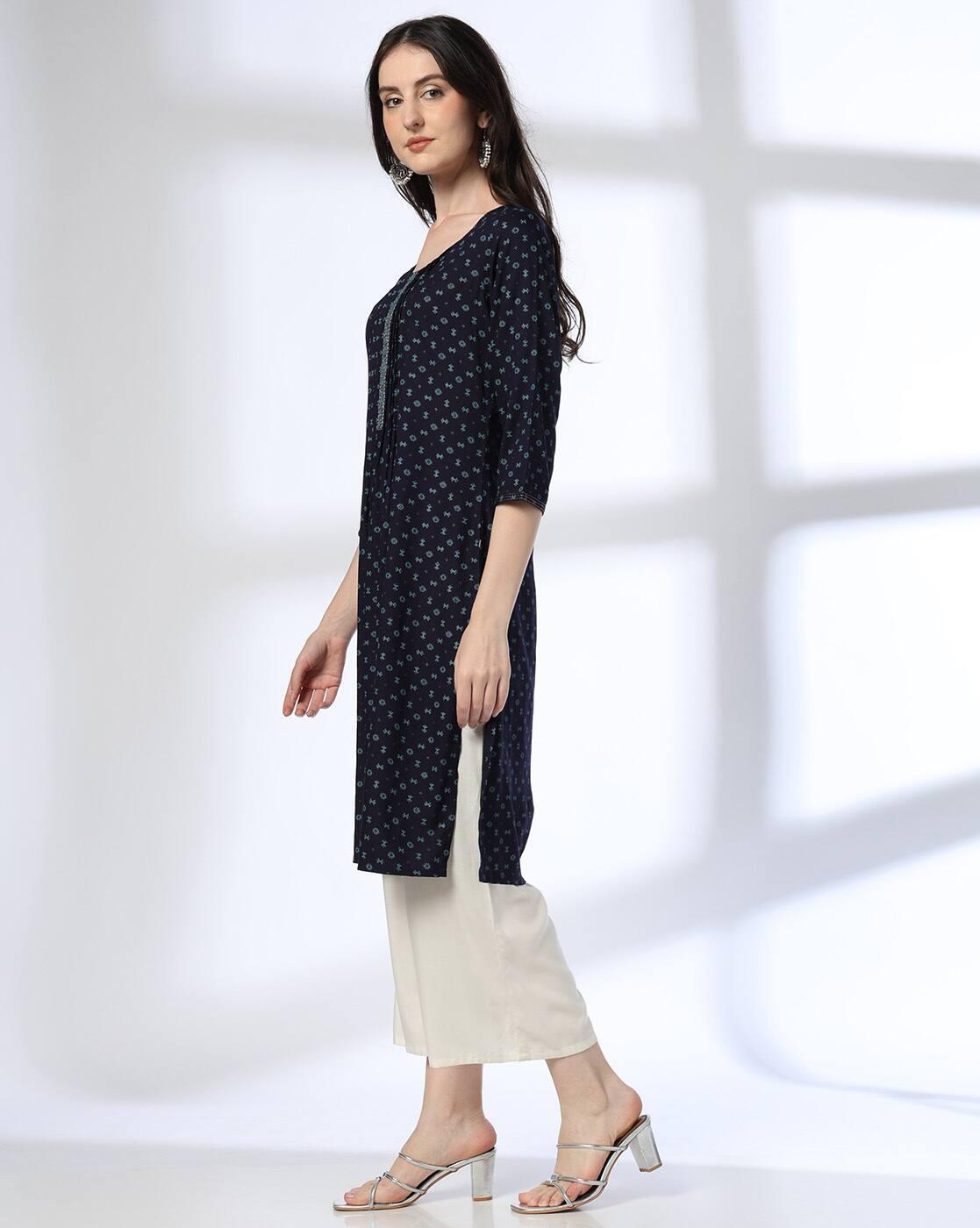 AOP SPACE TUCK PLACKET KURTA, NAVY, XS