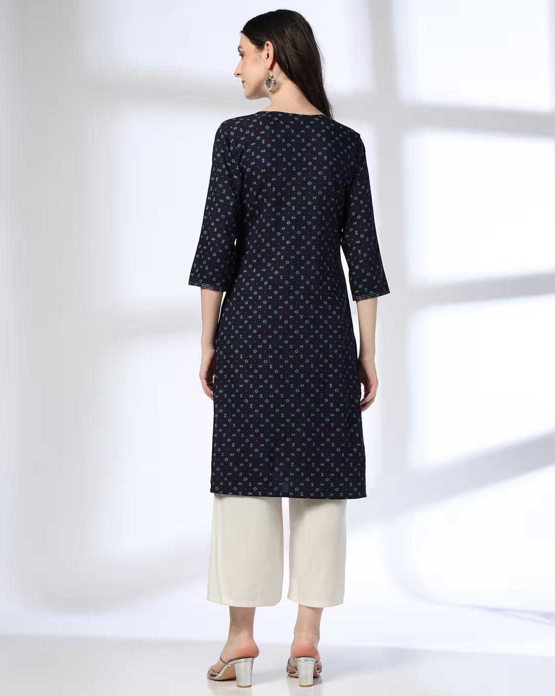 AOP SPACE TUCK PLACKET KURTA, NAVY, XS