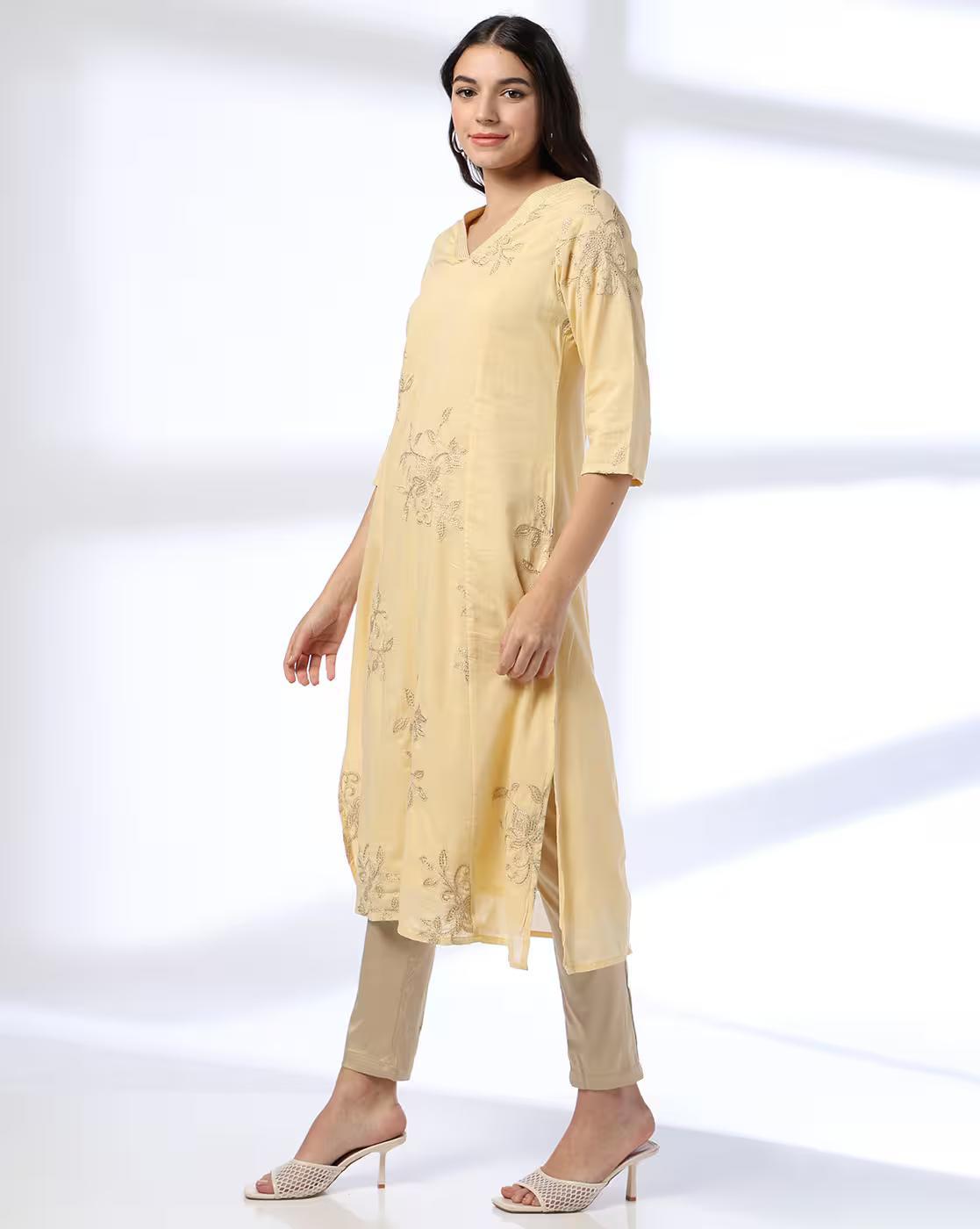 EMBROIDERED FESTIVE KURTA, BEIGE, XS