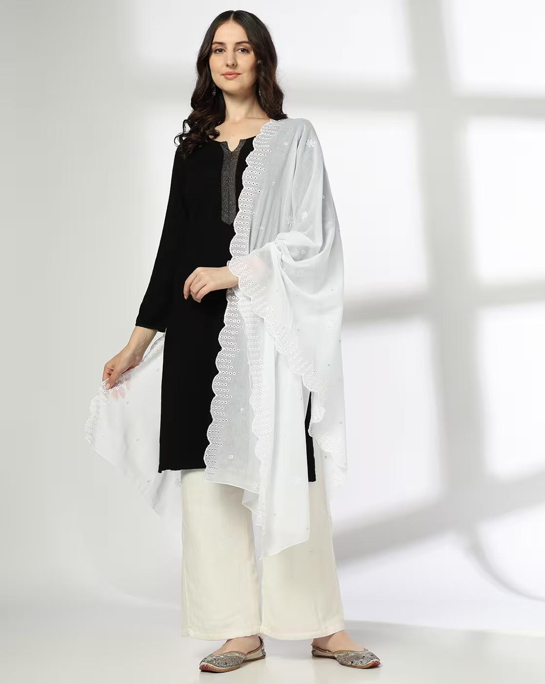 fancy scallop dupatta, OFF WHITE, FS