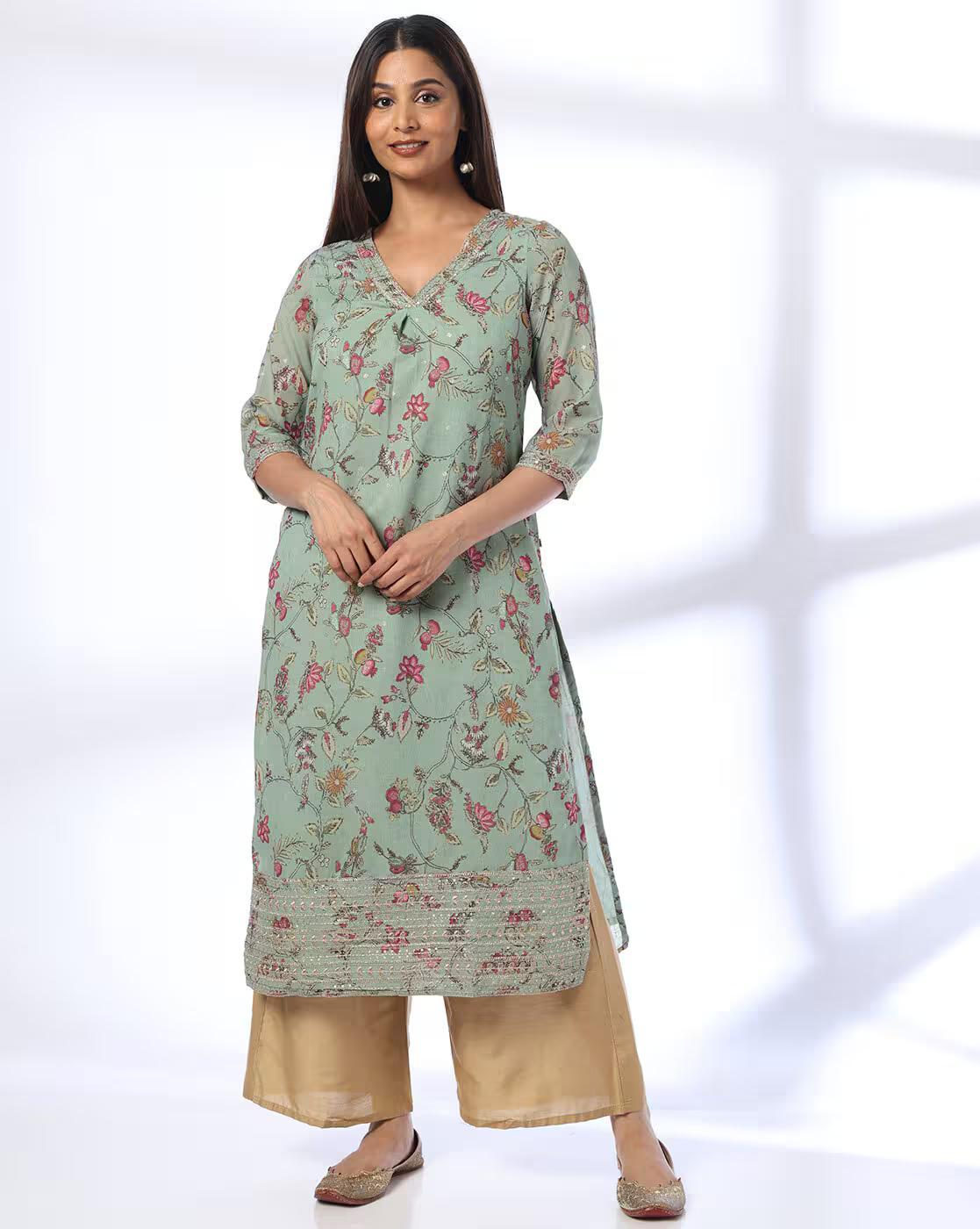 PRINTED FESTIVE KURTA, GREEN, S