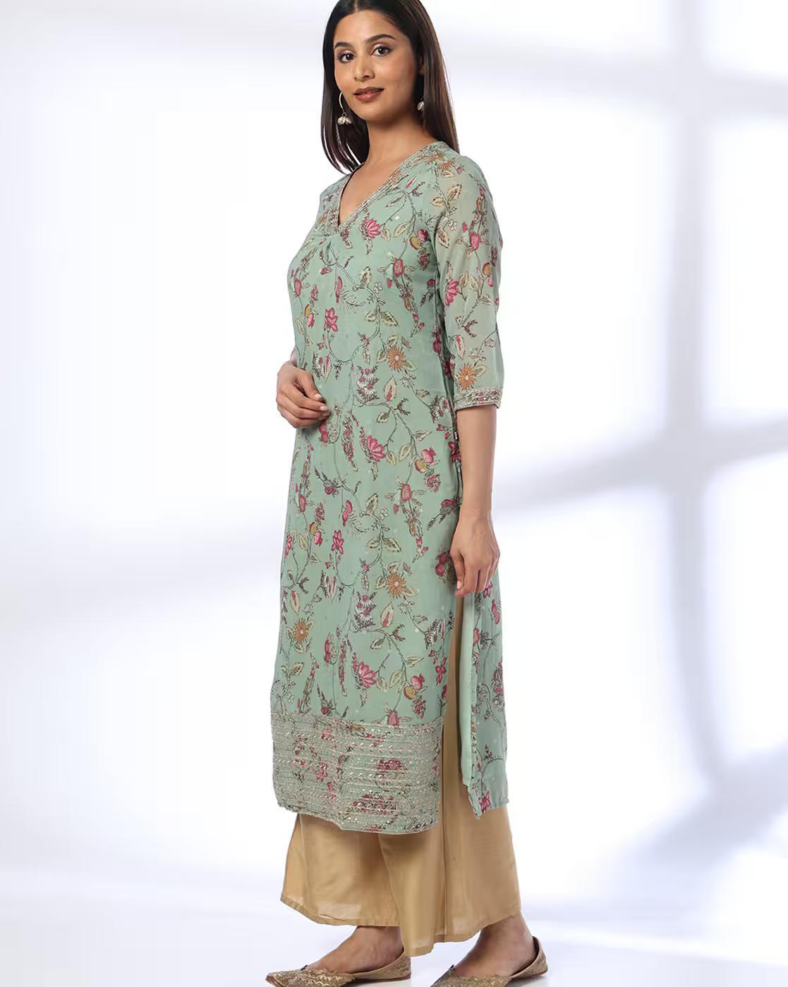 PRINTED FESTIVE KURTA, GREEN, S